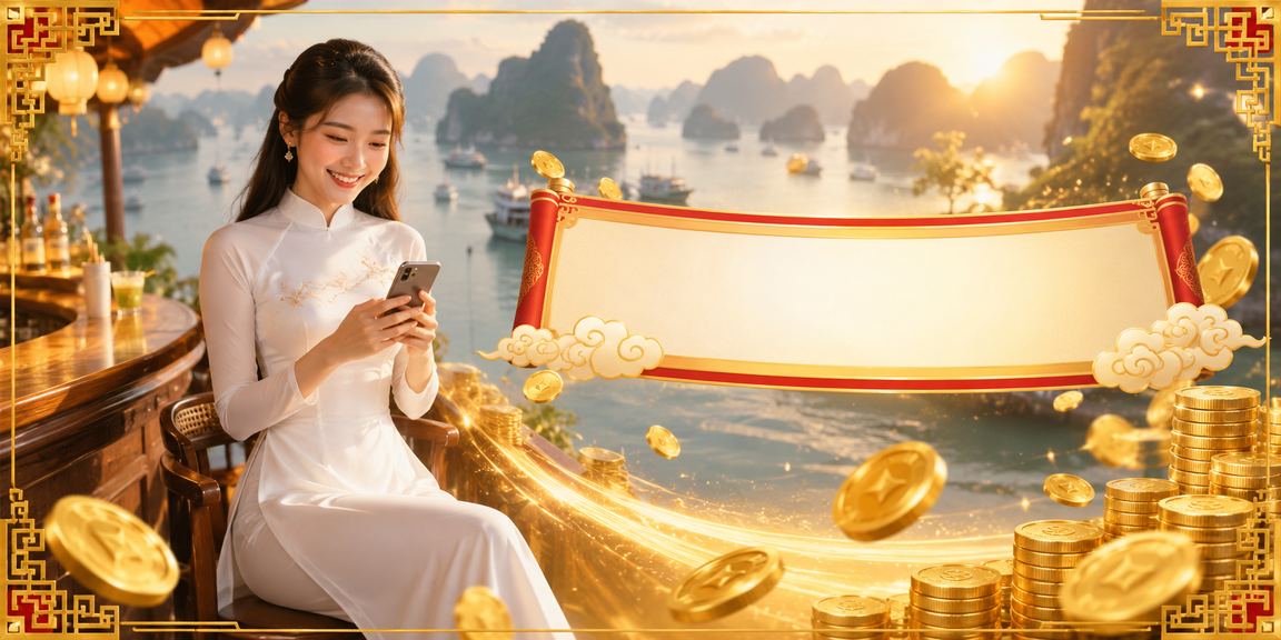 Người dùng mặc áo dài chơi casino trực tuyến trên điện thoại tại vịnh Hạ Long