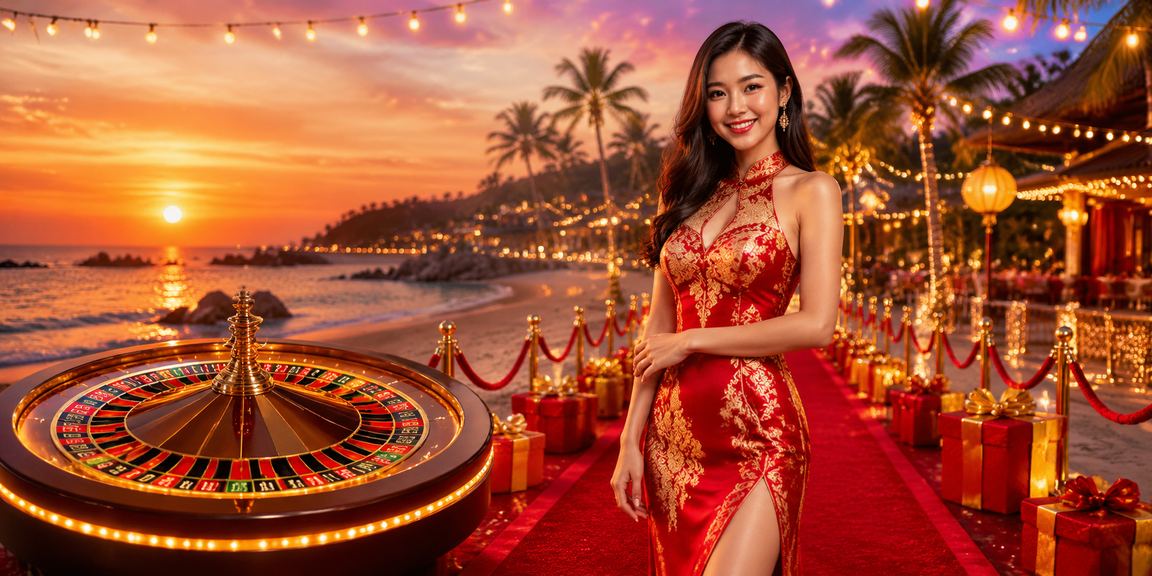Khung cảnh resort Phú Quốc với người chơi thư giãn trải nghiệm roulette trực tuyến trên bãi biển